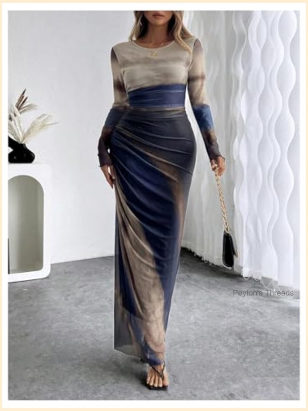 Long Sleeve Maxi Bodycon Dress Tie Dye Ruched Mesh Layer Prom Formal Wedding - Picture 5 of 7